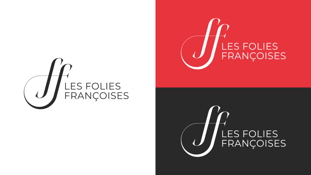 Déclinaison du logo des Folies Françoises sur différents fonds de couleur